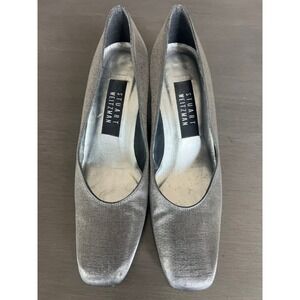 Stuart Weitzman Satin Silver Metallic Square Toe Block Heel Pumps Women's 6.5 B